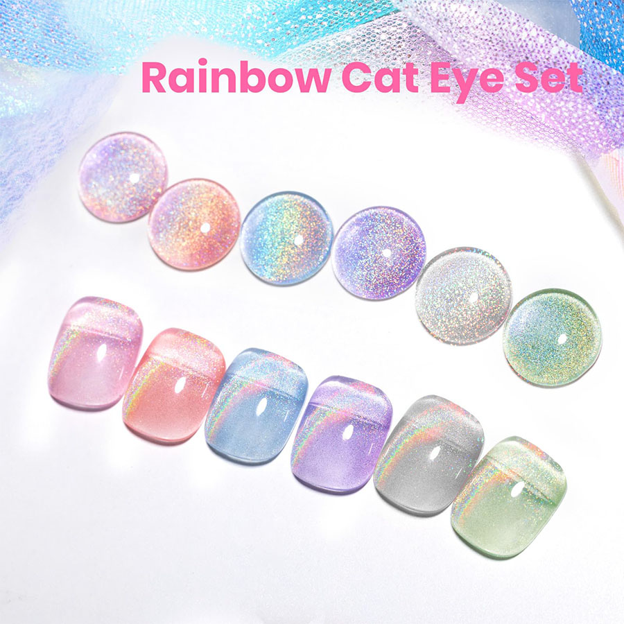 Nail Art Pink Cat Eye - QAZIXU 1/6 Stück Regenbogen Katzenauge Gel-Nagellack