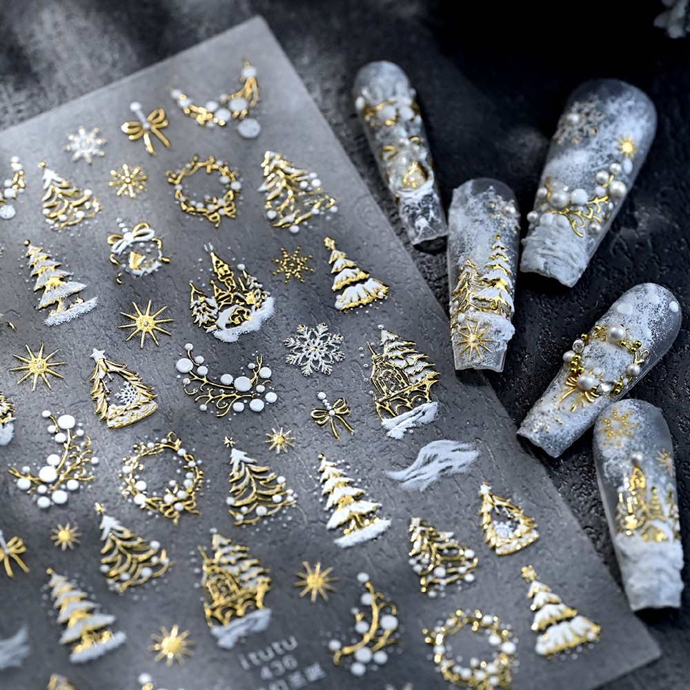 Nail Art Xmas Tree - 5D geprägte Gold Schloss/Girlande/Weihnachtsbaum Nagelaufkleber weiße