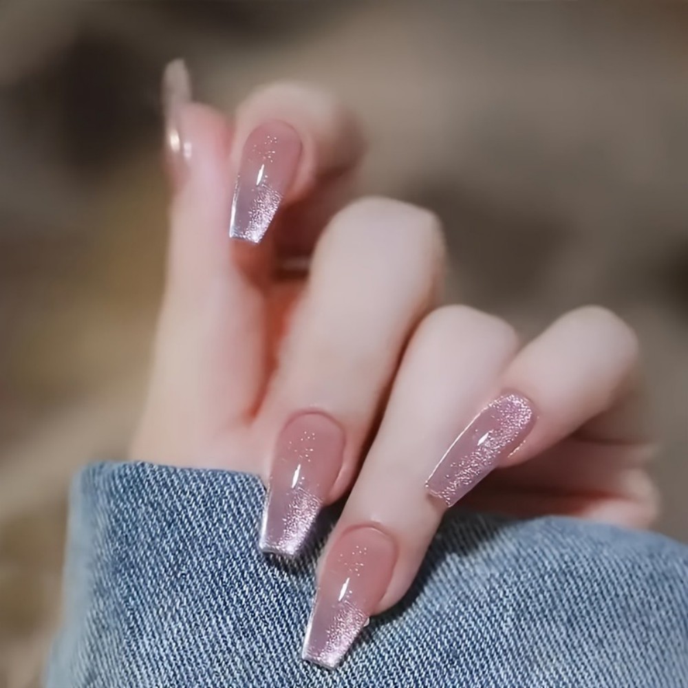 Nail Art Pink Cat Eye - 24 Stück Funkelnde Rosa Glitzer-Katzenaugen-Design Lange